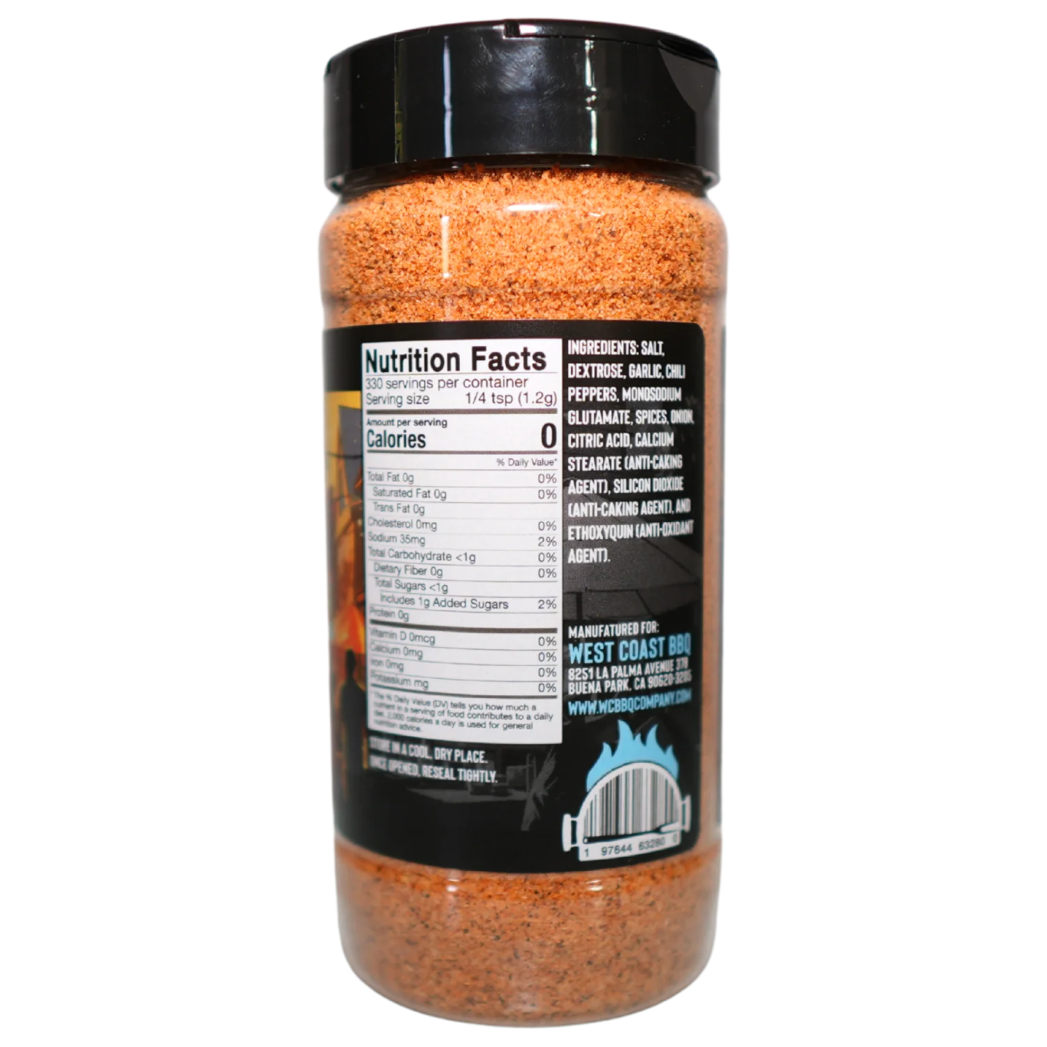 A clear plastic bottle of Fiesta Blend seasoning, shown from the back against a plain light grey background, with the nutrition facts and ingredients label visible.