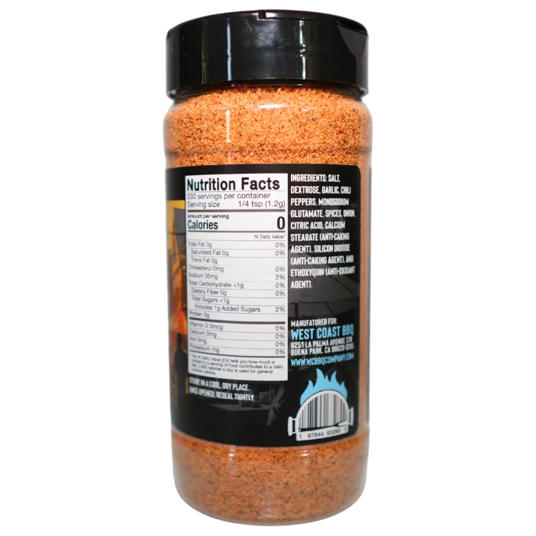 A clear plastic bottle of Fiesta Blend seasoning, shown from the back against a plain light grey background, with the nutrition facts and ingredients label visible.