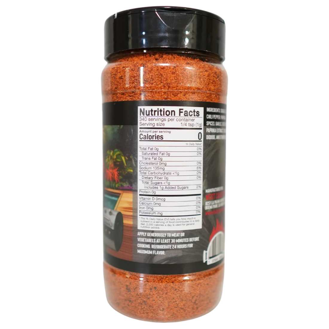 The back of a large, clear shaker bottle of Fiesta Blend spice, showing the complete nutrition facts label, ingredients, and application instructions.