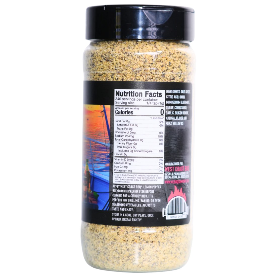The back of a clear plastic bottle of Lemon Pepper Blend seasoning, showing the nutrition facts label against a plain light grey background.