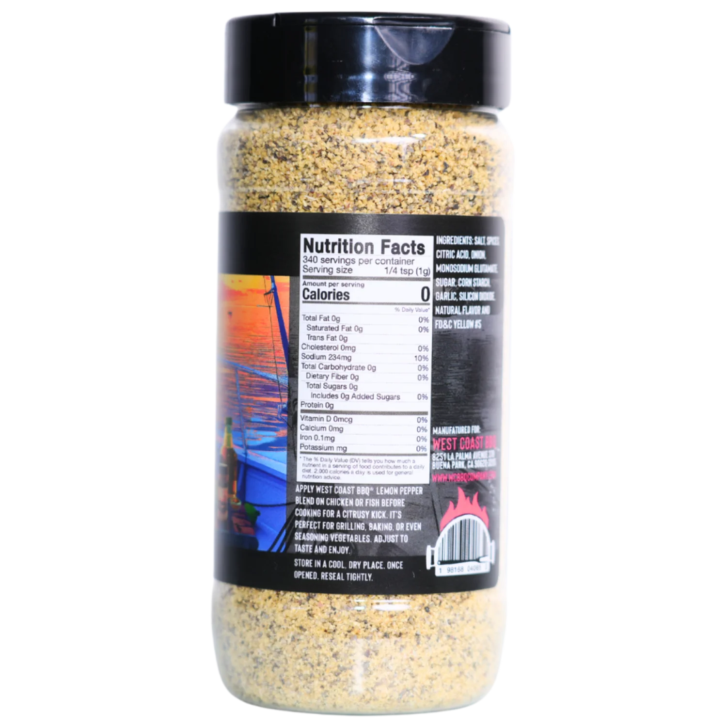 The back of a clear plastic bottle of Lemon Pepper Blend seasoning, showing the nutrition facts label against a plain light grey background.