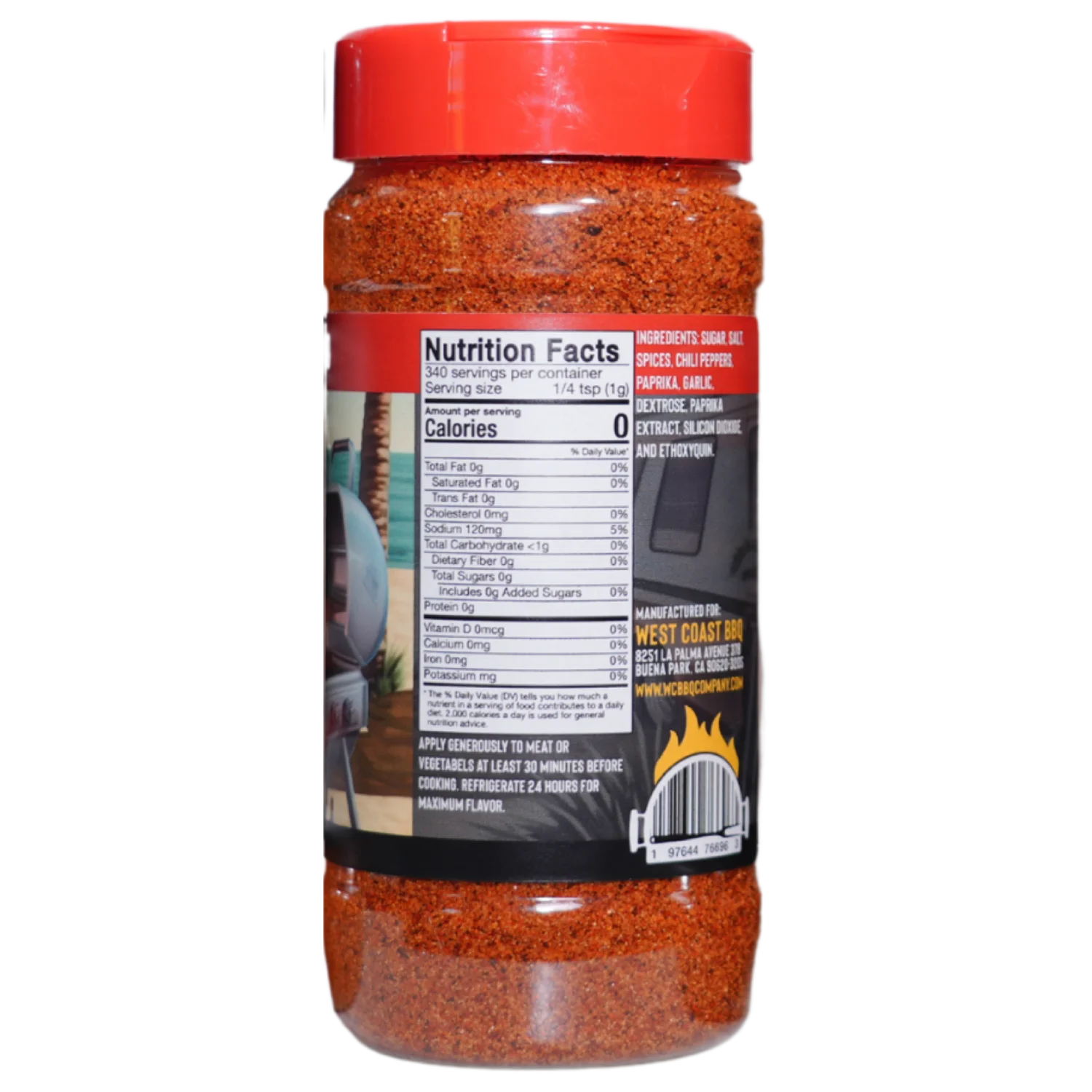 A clear plastic bottle of Hot Summer Blend red seasoning, shown from the back against a plain light grey background, with the nutrition facts label visible.