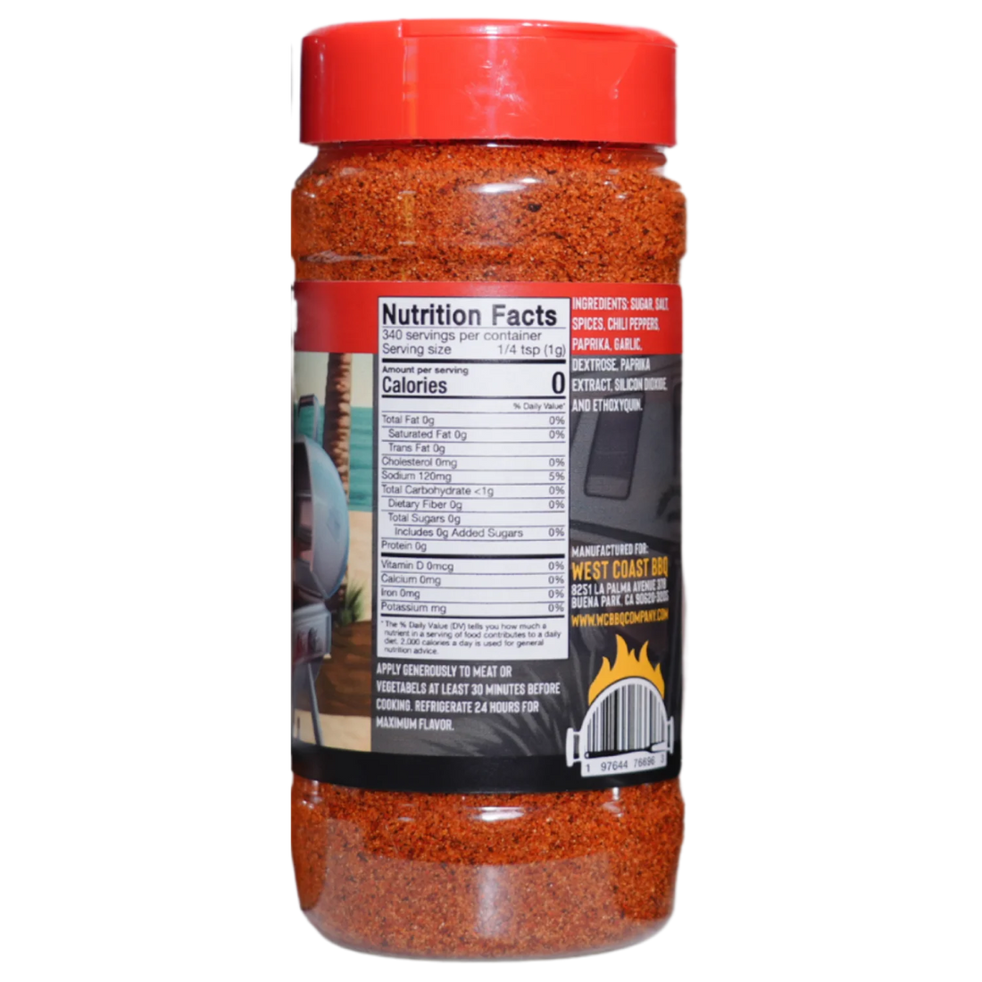 A clear plastic bottle of Hot Summer Blend red seasoning, shown from the back against a plain light grey background, with the nutrition facts label visible.