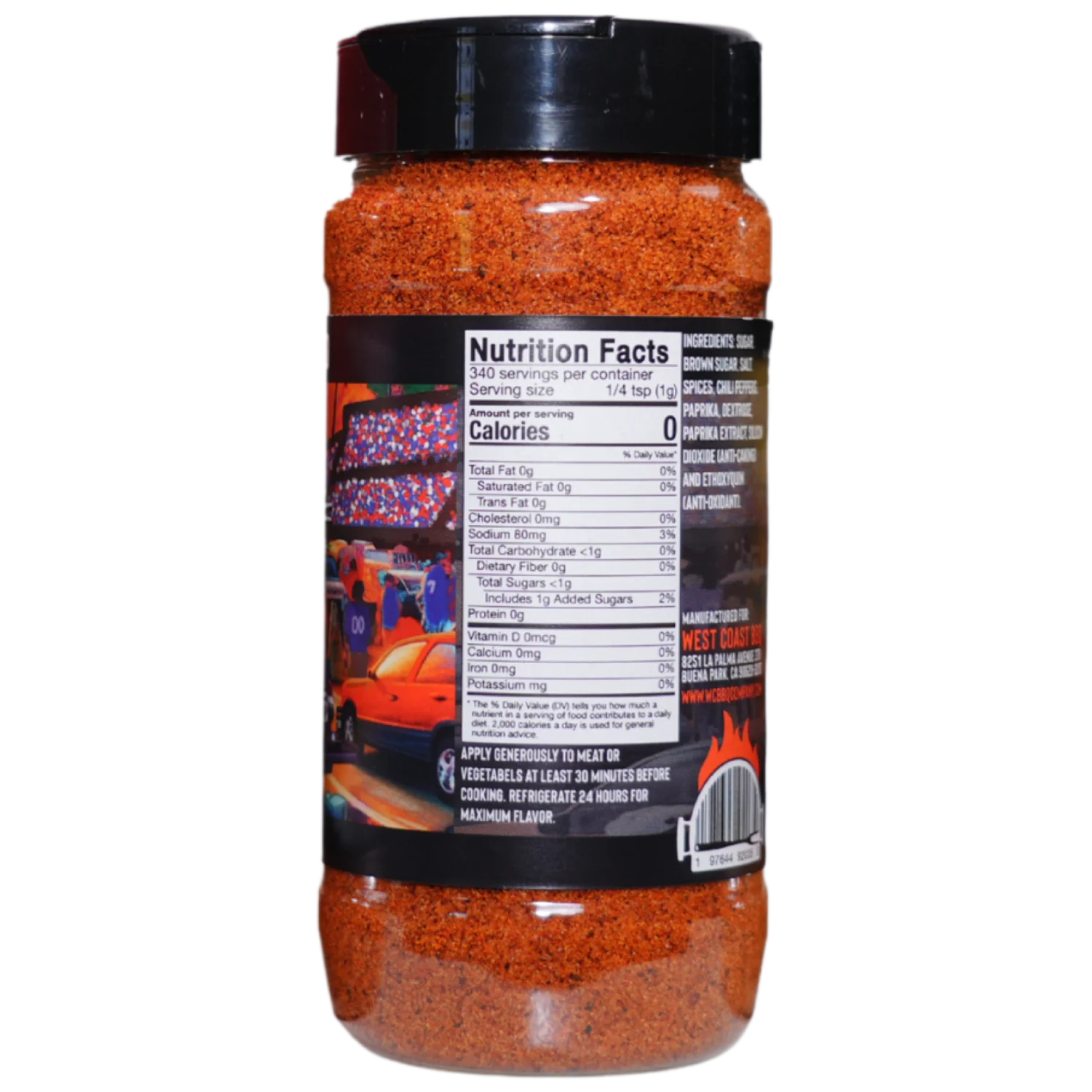 The back of a clear plastic bottle of Tailgate Blend red seasoning, showing the nutrition facts label against a plain light grey background.