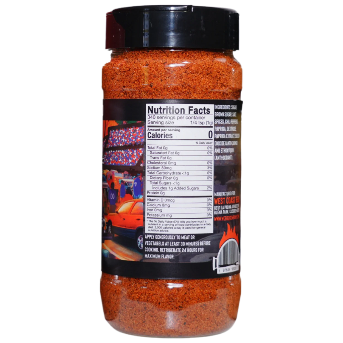 The back of a clear plastic bottle of Tailgate Blend red seasoning, showing the nutrition facts label against a plain light grey background.